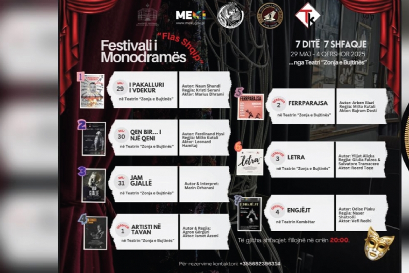 Festival flas shqip, monodrama shqiptare 2025, teatri zonja e bujtinës, eventi engjejt 4 qershor, naser shatrolli regjisor, ylljet aliçkaj letra, bajram dosti ferrparajsa, agron gerguri artisti ne tavan, marin orhanasi jam gjalle